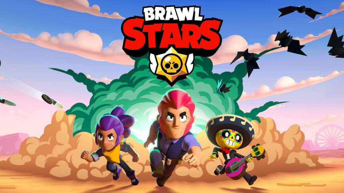 Portada de Brawl Stars con el logo en la parte de arriba y con tres presonajes corriendo de una exposión.