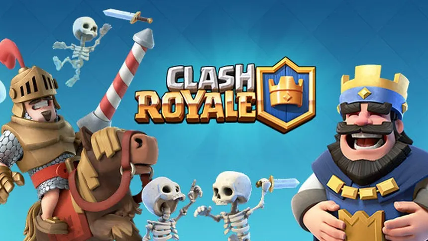 Portada de Clash Royale con el logo en el centro y personajes del juego en el fondo.