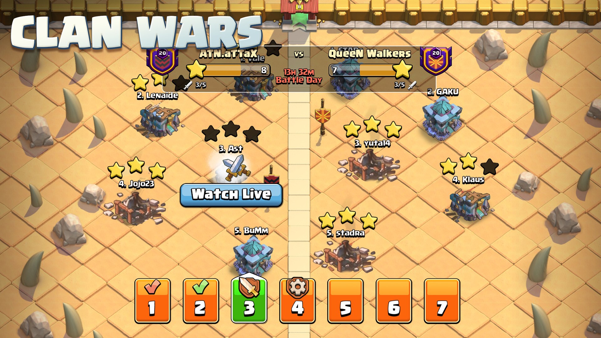 Mapa de guerra de clanes de Clash of Clash mostrando las aldeas atacadas y estrellas ganadas
