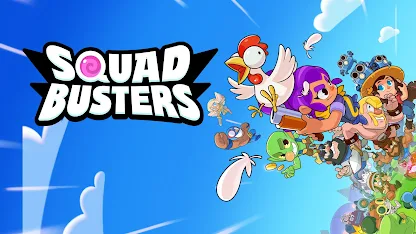 Portada de Squad Busters con personajes subiendo uno encima de otro en forma de torre.